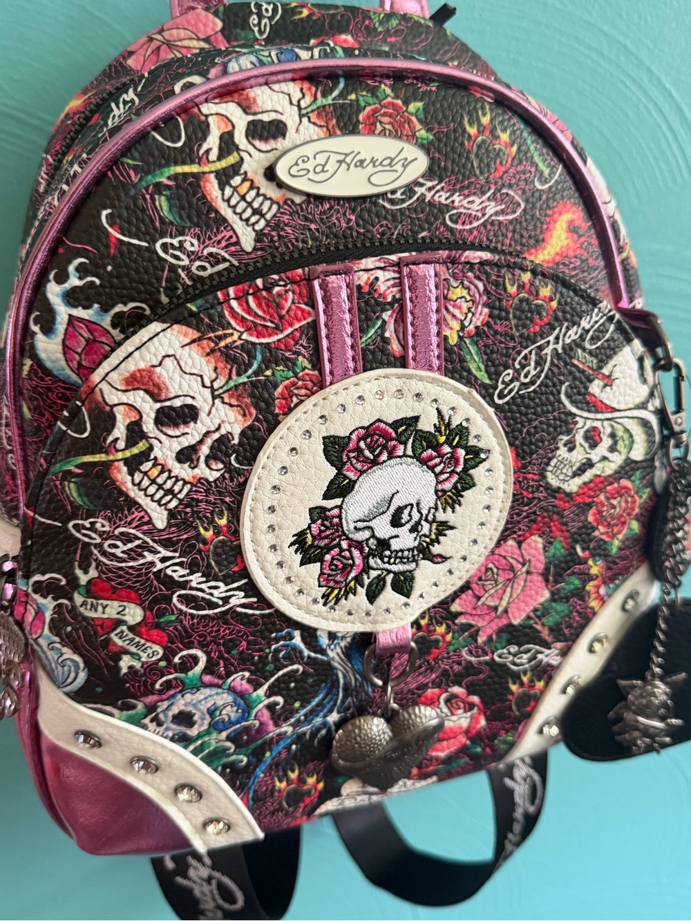 Ed Hardy Pink and Black Skull Rose Mini Backpack